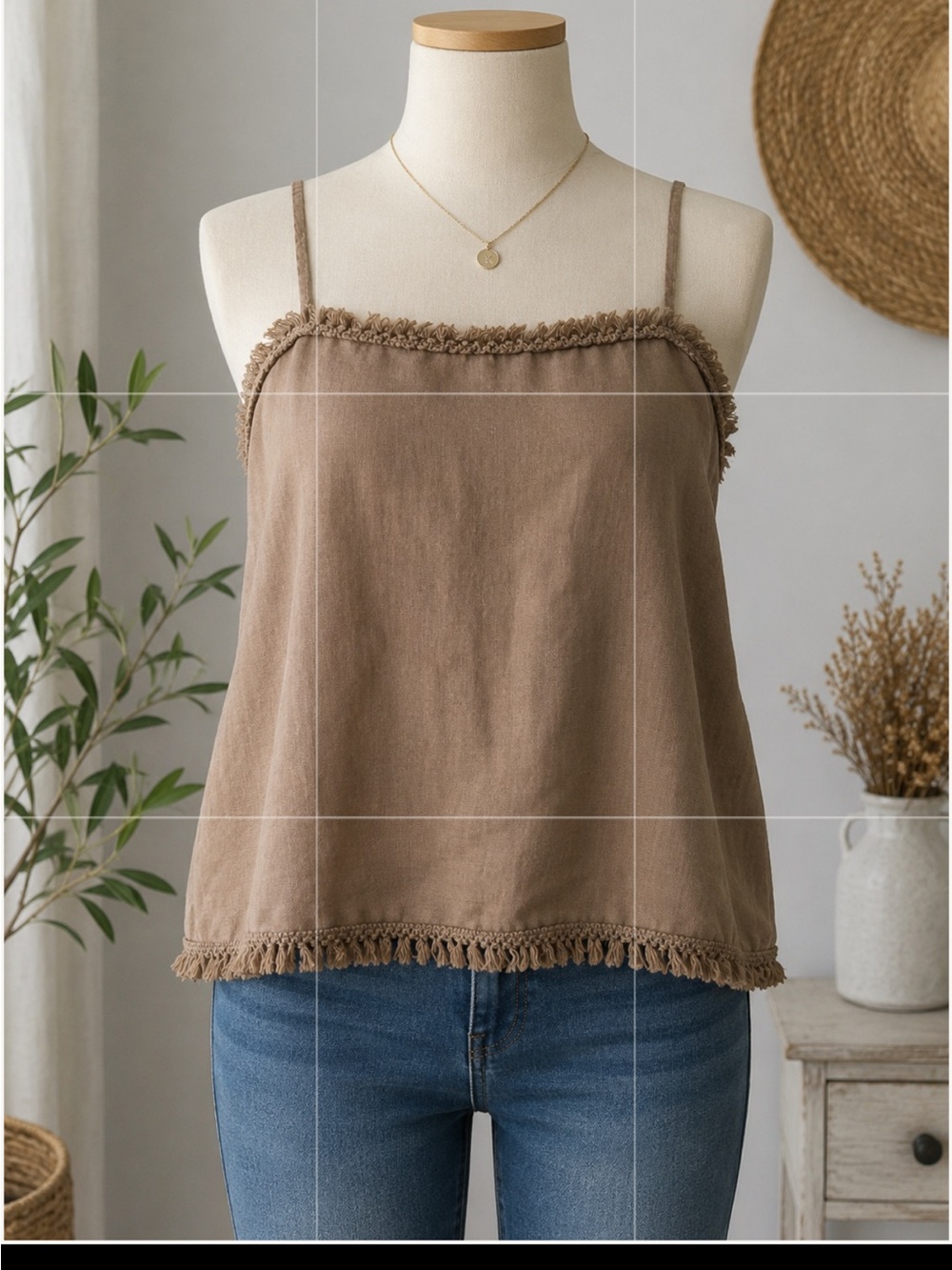 Francesca Bittini Boho Fringe Tank Top | Taupe Aesthetic Camisole | Boho Chic M